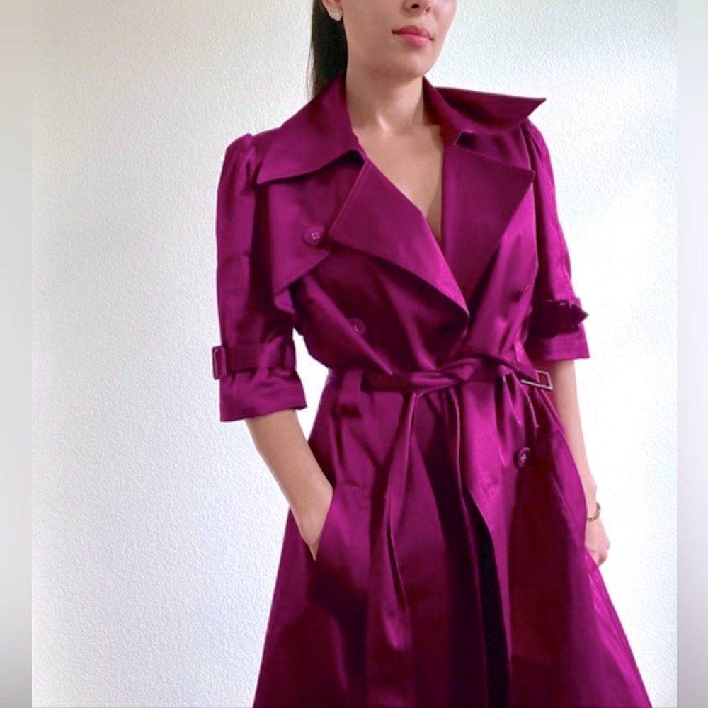 NWT ELLE Satin Trench Coat Dress in Magenta